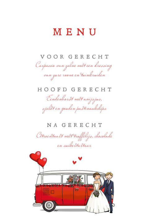 Menukaart bruidspaar met rood busje