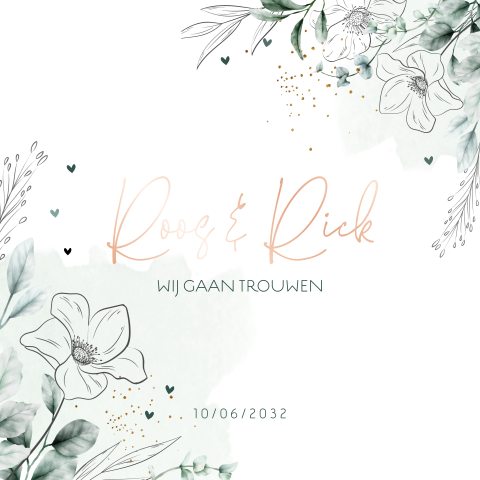 Trouwkaart takjes met lijnbloemen