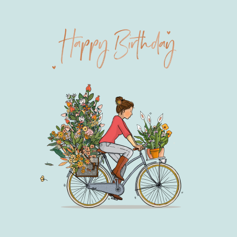 Verjaardagskaart fietsende vrouw met veel bloemen