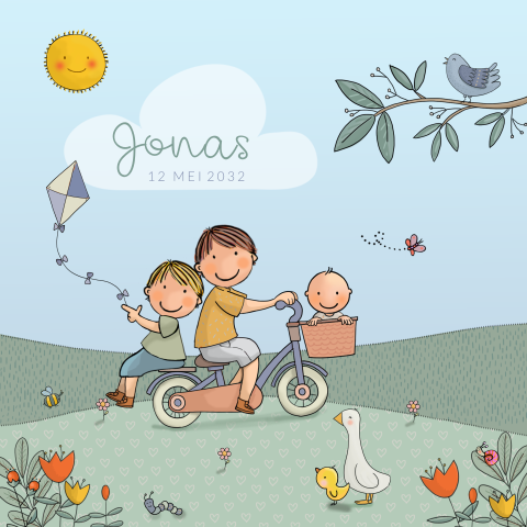 Poster lente baby jongen op fiets met broertjes