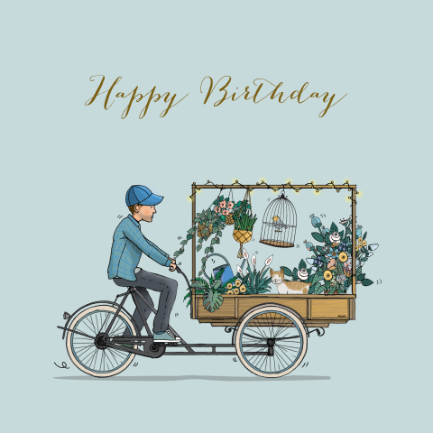 Verjaardagskaart bakfiets man met bloemen kat