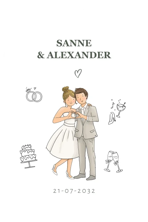 Trouwkaart vorm met bruidspaar hartje handen