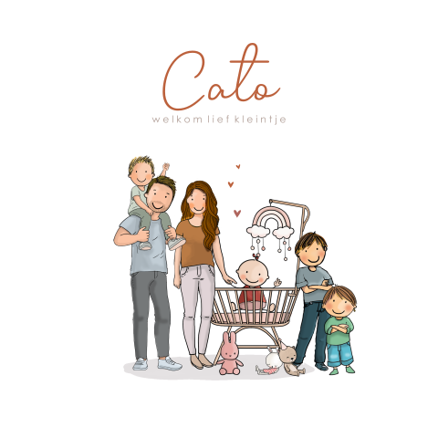 Geboortekaartje meisje in rotan wiegje ouders drie broertjes