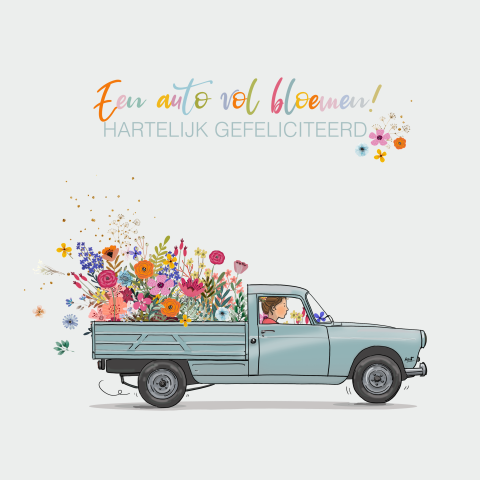 Verjaardagskaart Peugeot pickup met bloemen