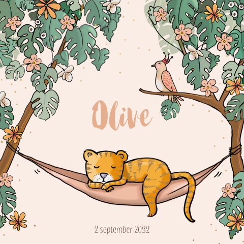 Geboortekaartje meisje tijgertje met vogel