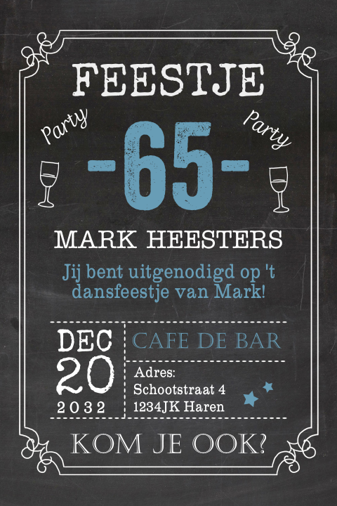 Uitnodiging feest 65 jaar krijtbord blauw accent