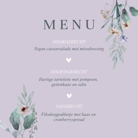 Menukaart in lila met takjes en glitterlook