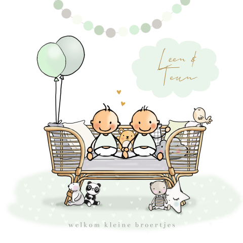 Geboortekaartje jongens tweeling op rotan wiegje