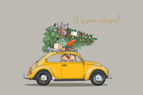 Kerstverhuiskaart kever geel en kerstboom