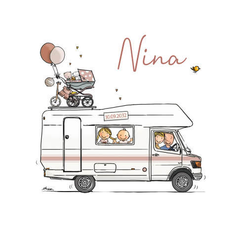 Geboortekaartje meisje camper alkoof met ouders