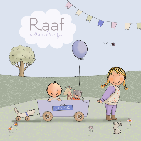 Geboortekaartje baby jongen met grote zus met lange kar lente