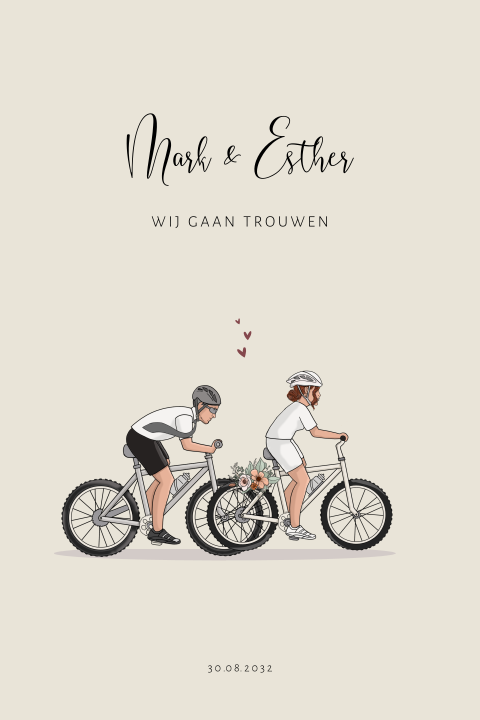 Trouwkaart enkel mountainbikers in trouwkleding