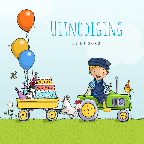 Uitnodiging boerderijfeestje Teun op tractor