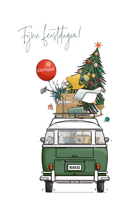 Kerst verhuiskaart groen vwbusje met kerstboom