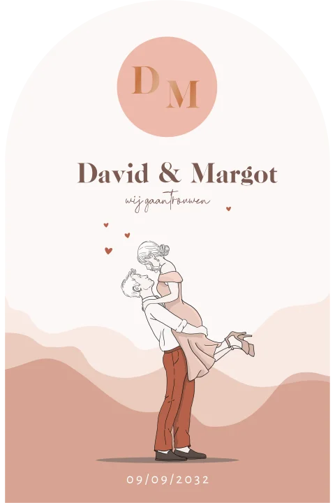 Trouwkaart bruispaar optillen met warme tinten