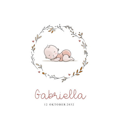 Geboortekaartje met baby meisje in herfstblaadjes met takjes en vogels