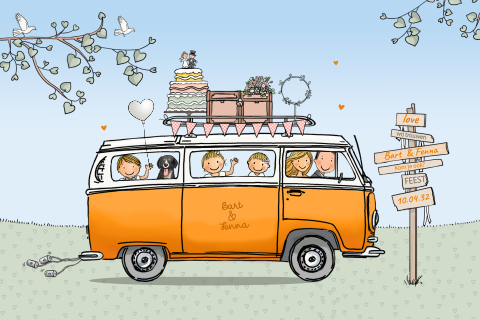 Trouwkaart oranje vwbusje met landschap en kinderen