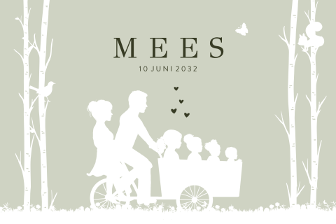Geboortekaartje ouders met bakfiets en vier kinderen