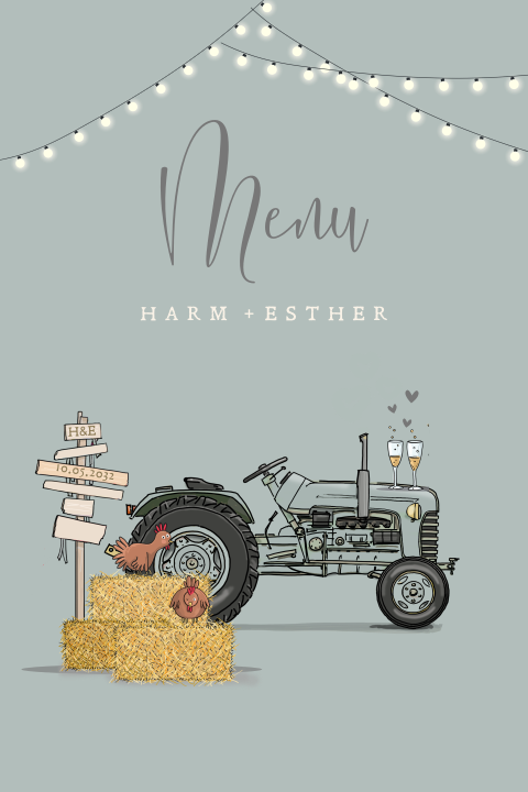 Menukaart tractor blauwgroen met hooibalen en lichtjes