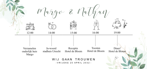 Trouwkaart tijdlijn met takjes en illustraties groen