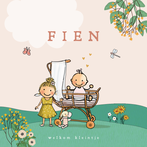 Geboortekaartje meisje rotan wiegje en zusje met natuur