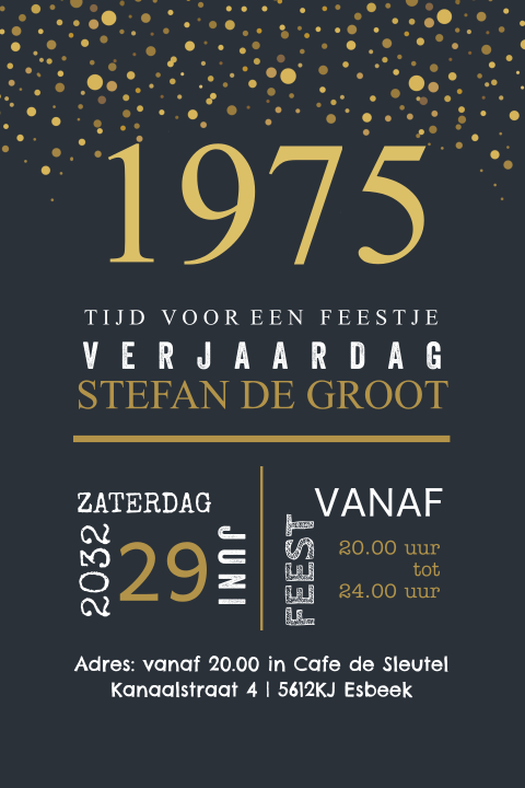 Uitnodiging zwart 50 jaar met confetti goudlook