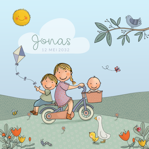 Geboortekaartje lente baby jongen fiets broertje en zusje