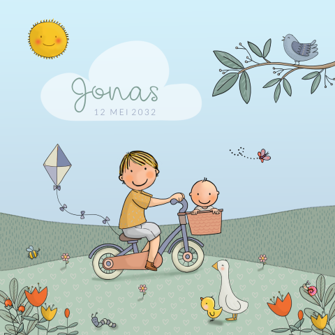 Geboortekaartje lente broer met bakfiets jongen