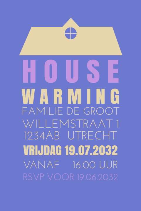 Verhuiskaart housewarming blauw grafisch dak met teksten