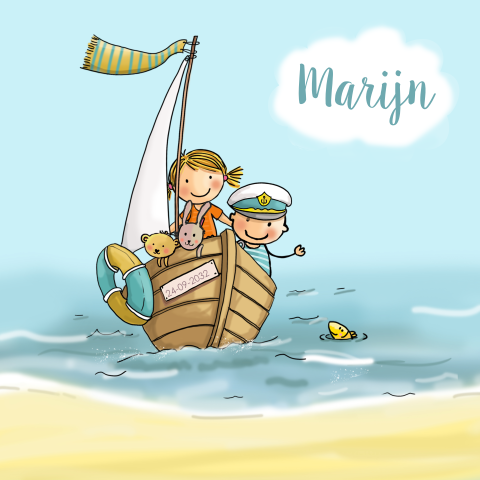 geboortekaartje jongen met zusje bootje met zee
