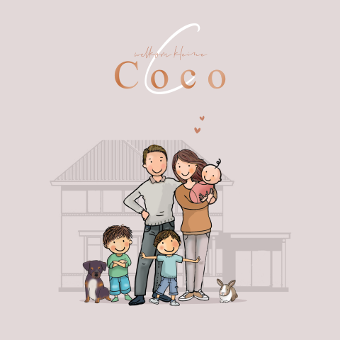 Geboortekaartje meisje met ouders en woonhuis