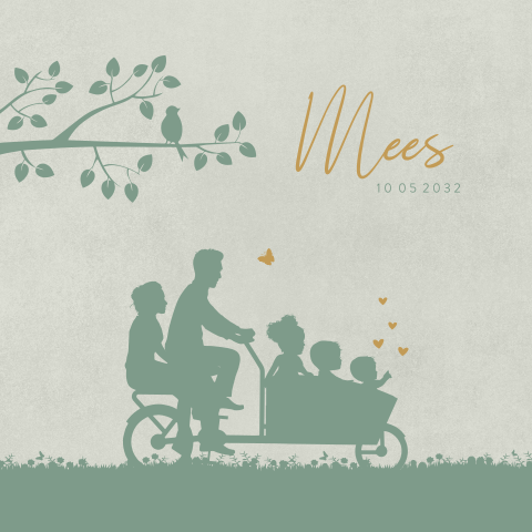 Geboortekaartje jongen met ouders in bakfiets en broer en zus