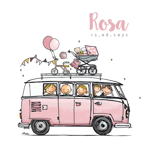 Geboortekaartje meisje vw bus roze ballonnen zusjes