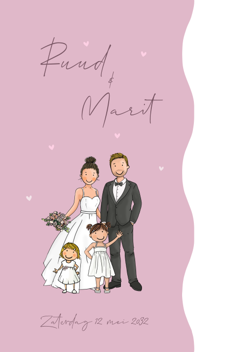 Trouwkaart golfvorm met bruidspaar en kinderen