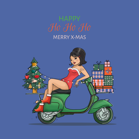 Kerstkaart mooie vrouw op scooter met kerstboom