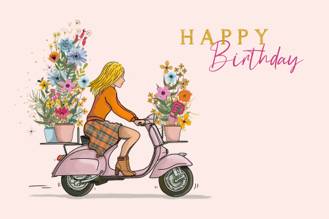 Verjaardagskaart Vespa scooter roze met planten en bloemen