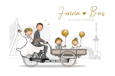 Trouwkaart bakfiets bruidspaar kinderen en ballonnen