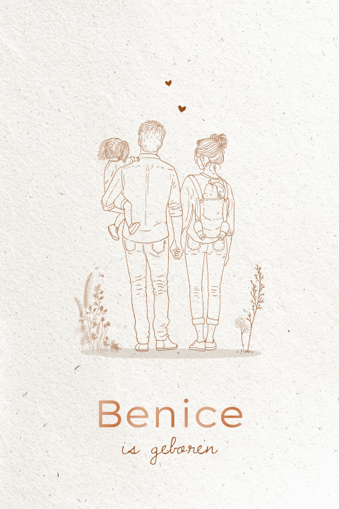 Pentekening geboortekaartje neutraal met ouders en zusje 