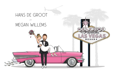Trouwkaart Las Vegas met roze auto Chevrolet bruidspaar