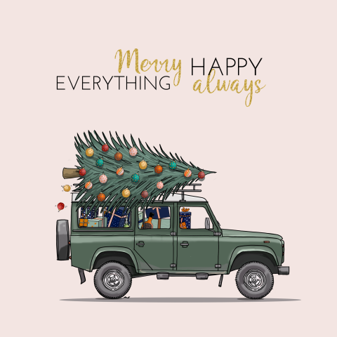Kerstkaart landrover groen met kerstboom
