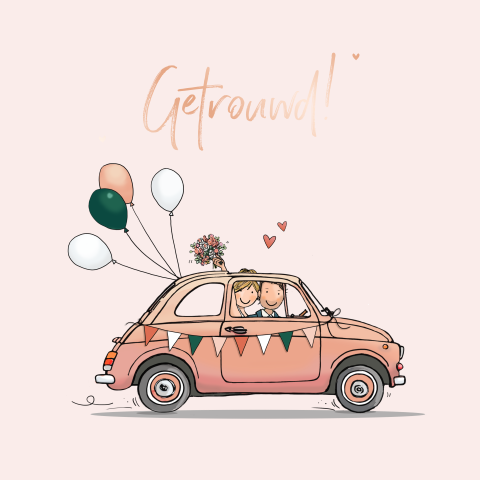 Felicitatiekaart huwelijk fiat 500 met bruidspaar