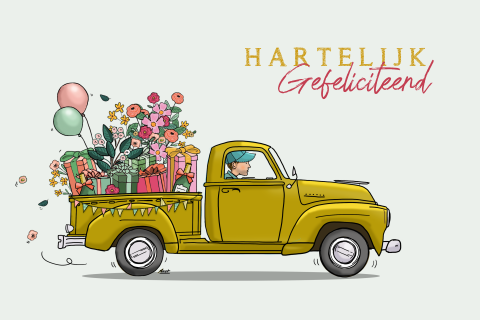Verjaardagskaart Americaanse pickup met bloemen