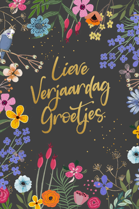 Wenskaart bloemen en vogel