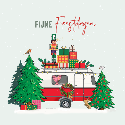 Kerstkaart caravan met kerstbomen