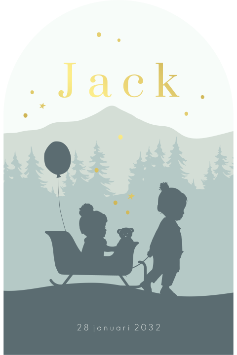 Boogvorm geboortekaartje jongen winter slee