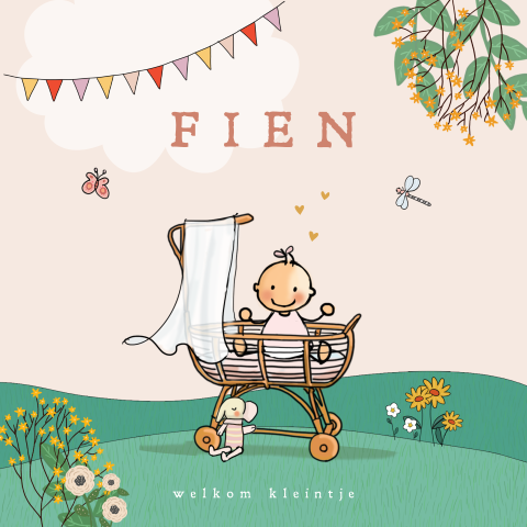 Geboortekaartje meisje rotan wiegje met natuur