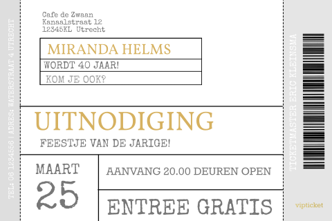 Uitnodiging ticket kort goudlook met teksten