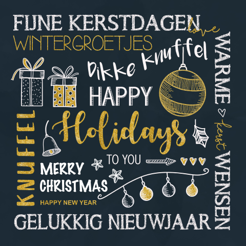 Kerstkaart handlettering goudlook met illustraties