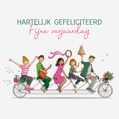 Verjaardagskaart tandem met 5 feestende mensen