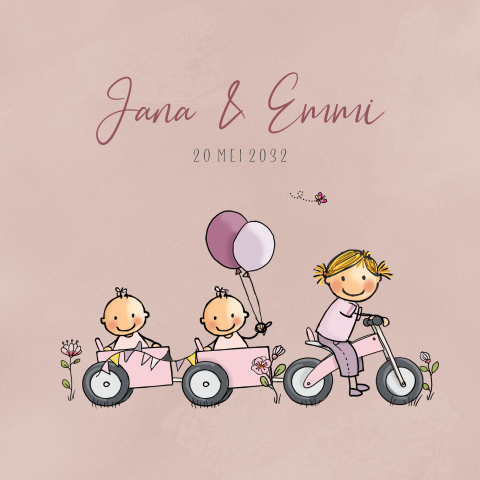 Getekend geboortekaartje tweeling meisjes met loopfiets